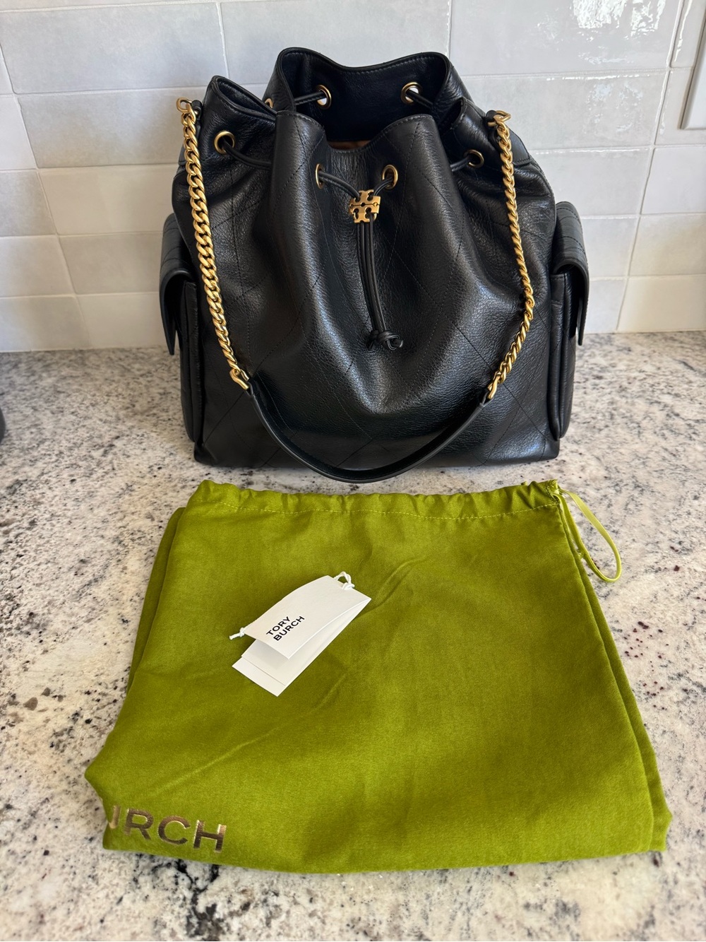 Tory Burch Black Leather Drawstring Shoulder Bag with Gold Chain